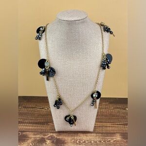 J Crew Black & Gold Charm Necklace – Long Statement Necklace with Faceted Beads